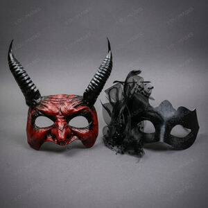 Red Devil Horn Demon Mask & Black Tulle Glitter Masquerade Couple Mask Set